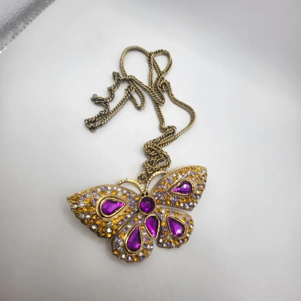 Designer Vintage Sturdy Chunky Purple Butterfly Necklace 30in